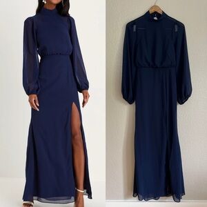 NWOT Graceful Entrance Navy Blue Long Sleeve Backless Maxi Dress